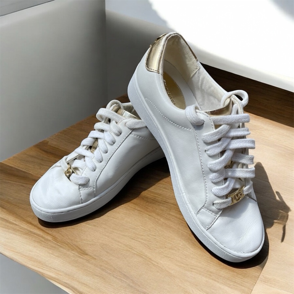 Michael Kors White and Gold Sneakers Leather Upper Size 5M